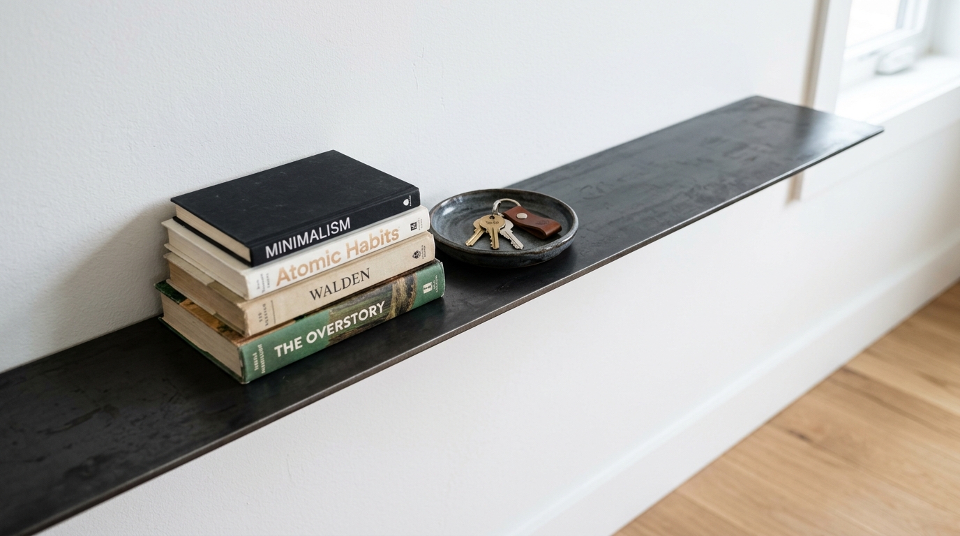 Detail of a blackened steel floating console table, only 6 inches deep, perfect for narrow entryway storage.