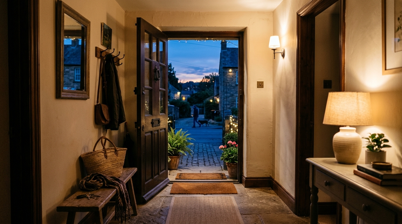 View from the front door looking down a curated hallway with soft shadow play and warm tactile materials.