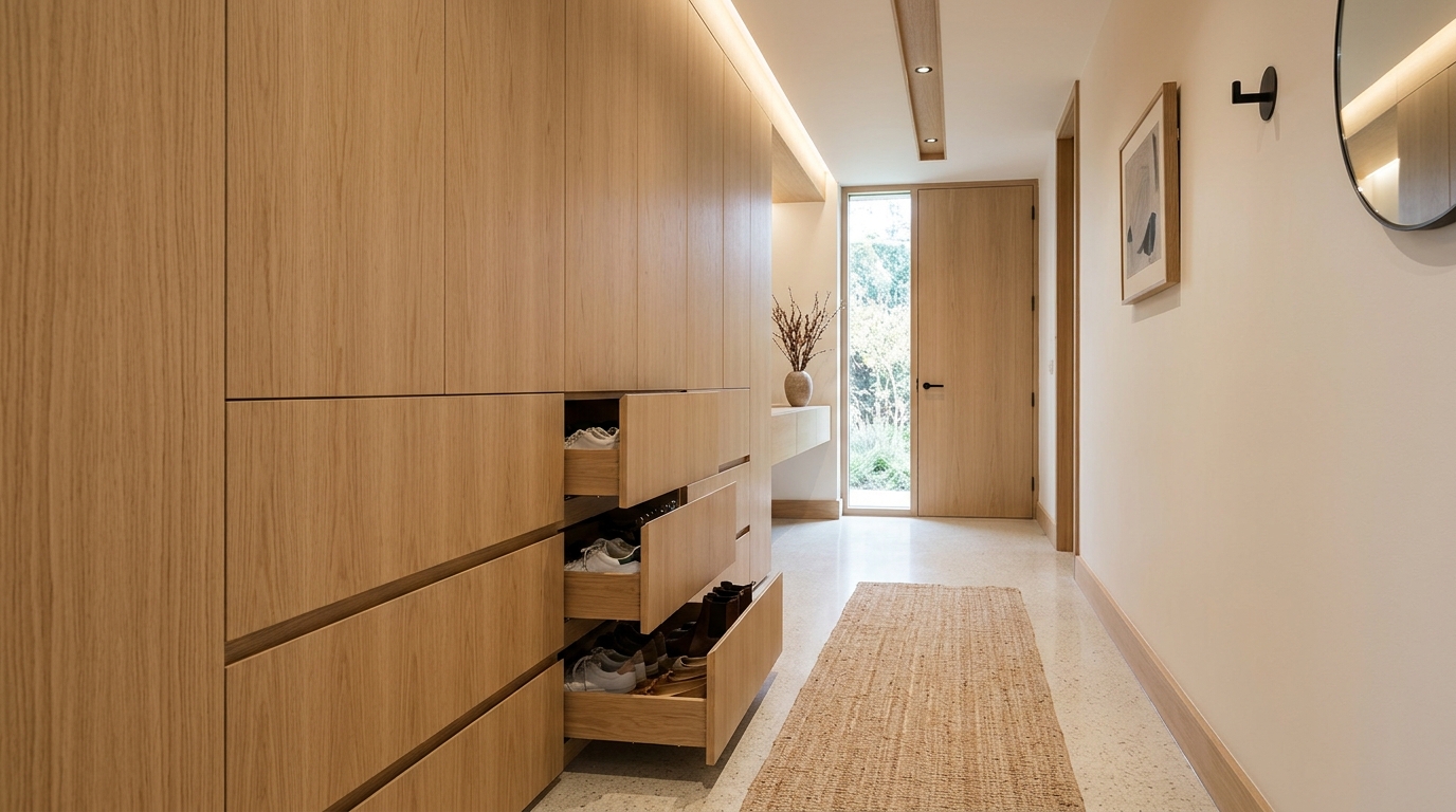 Minimalist foyer styling showcasing the balance of utility and beauty with a hidden shoe drawer and elegant key bowl.