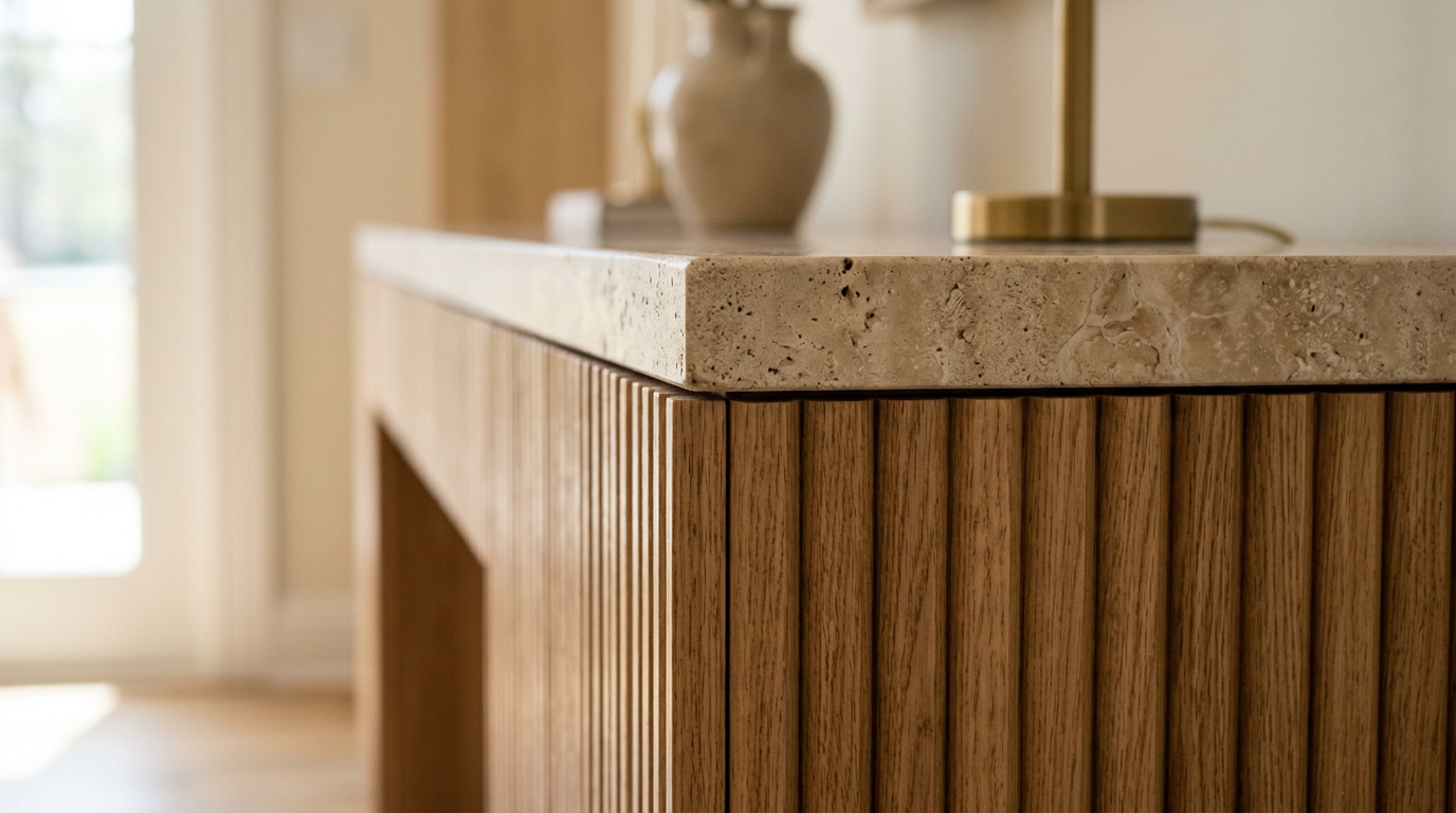 Close-up detail of honed travertine stone and fluted white oak textures on a bespoke floating entryway shelf.