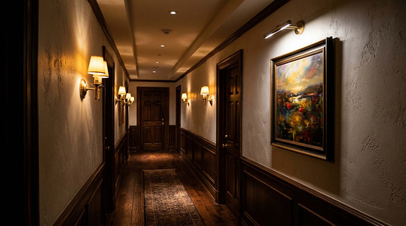 A windowless hallway illuminated by 2700K warm recessed lighting and brass wall sconces, creating a cozy atmospheric mood.