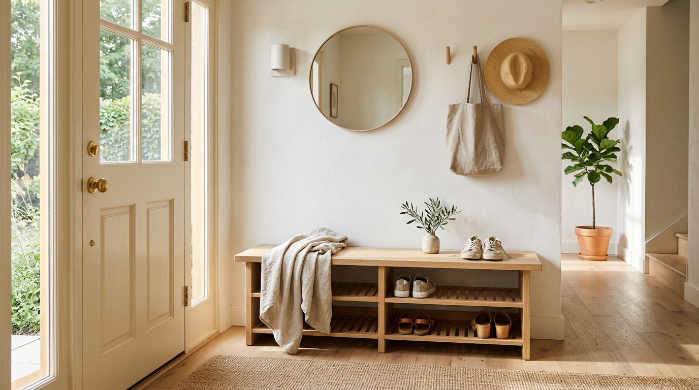 Functional entryway living snapshot featuring a narrow wooden bench with integrated shoe storage and organic modern styling.