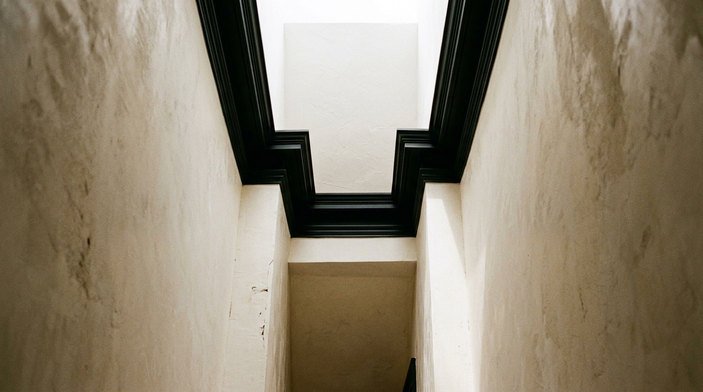 Modern narrow foyer with Farrow and Ball Off-Black crown molding providing a sharp contrast against cream limewash walls.