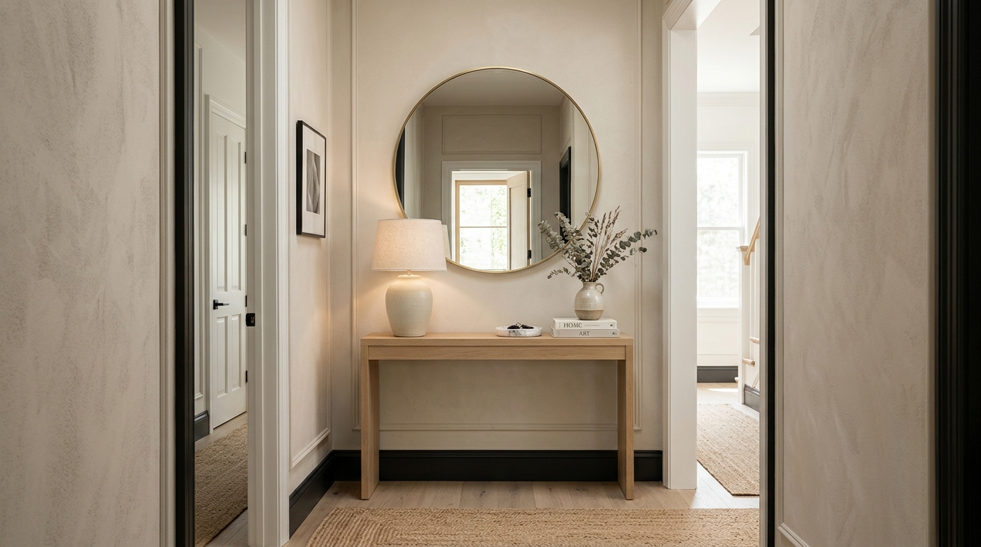 A small entryway console table with mirror showing a sculptural ceramic vase and dried eucalyptus under soft directional light.