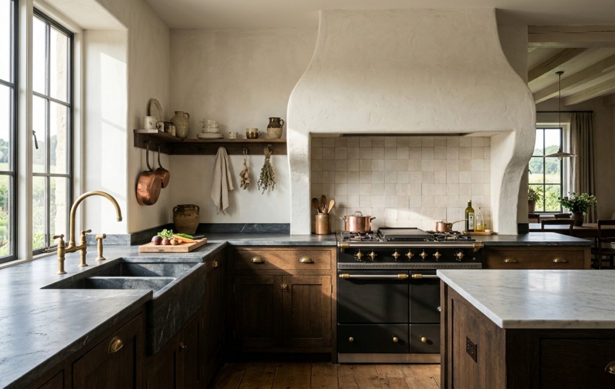 luxury country kitchen finishes featuring a custom plastered range hood, honed soapstone countertops, and unlacquered brass hardware in a bright editorial setting
