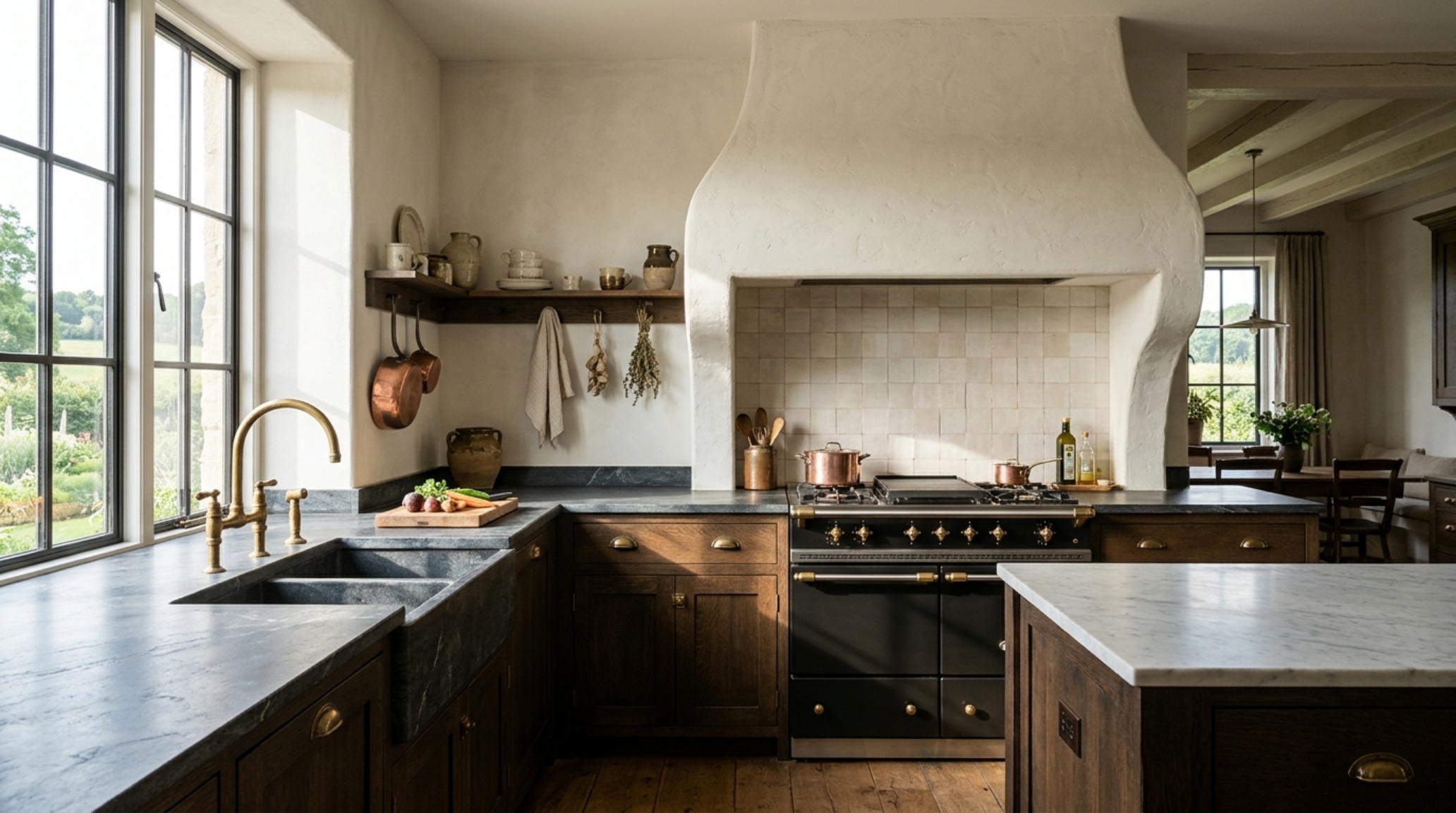 luxury country kitchen finishes featuring a custom plastered range hood, honed soapstone countertops, and unlacquered brass hardware in a bright editorial setting luxury country kitchen finishes featuring a custom plastered range hood, honed soapstone countertops, and unlacquered brass hardware in a bright editorial setting