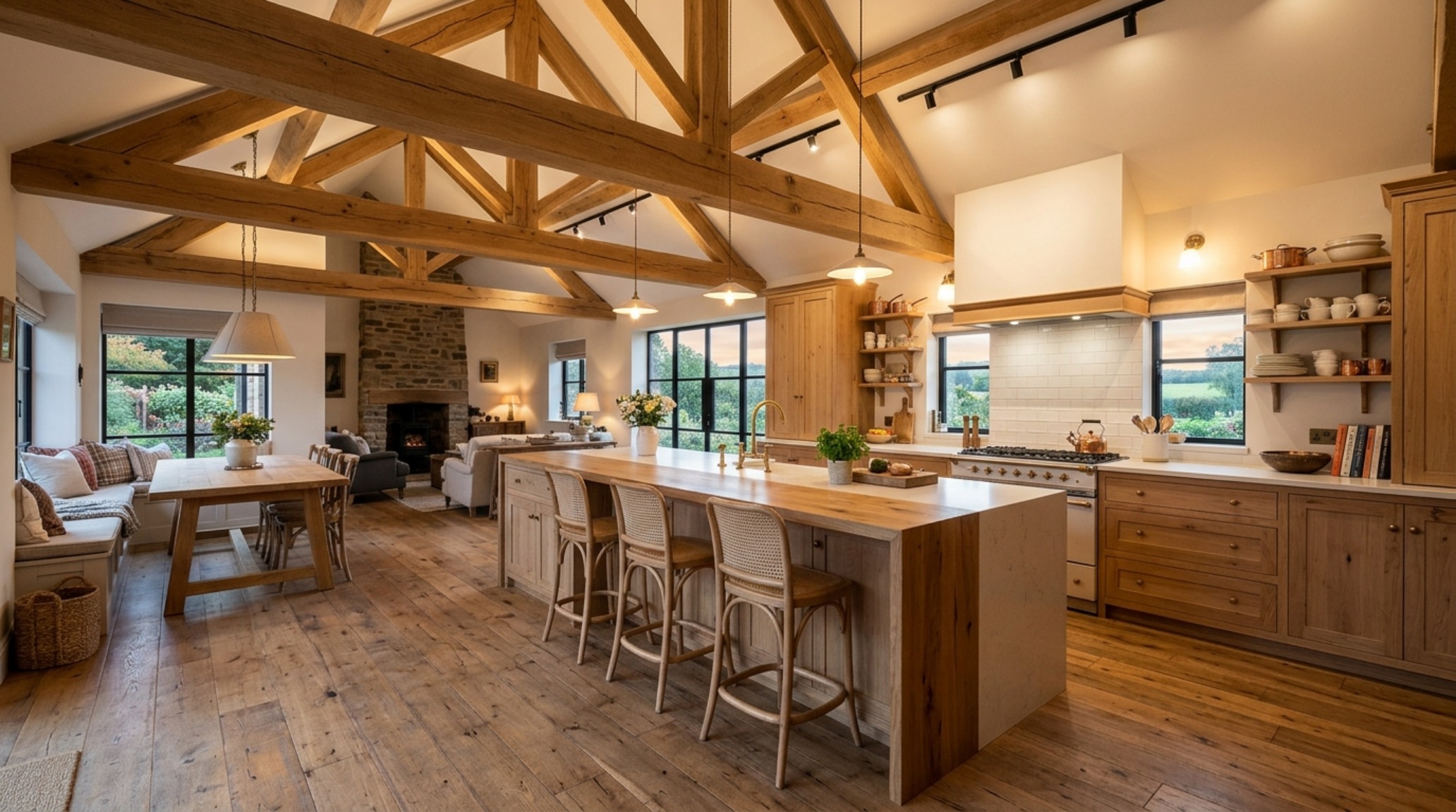 modern country kitchen ideas showcasing exposed reclaimed oak ceiling beams that delineate the transition between a prep island and a casual dining area modern country kitchen ideas showcasing exposed reclaimed oak ceiling beams that delineate the transition between a prep island and a casual dining area