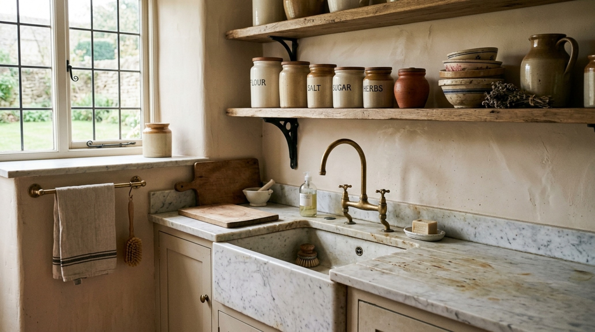 English country kitchen style scullery with open shelving, a deep apron-front sink, and custom cabinetry painted in a muted terracotta hue English country kitchen style scullery with open shelving, a deep apron-front sink, and custom cabinetry painted in a muted terracotta hue