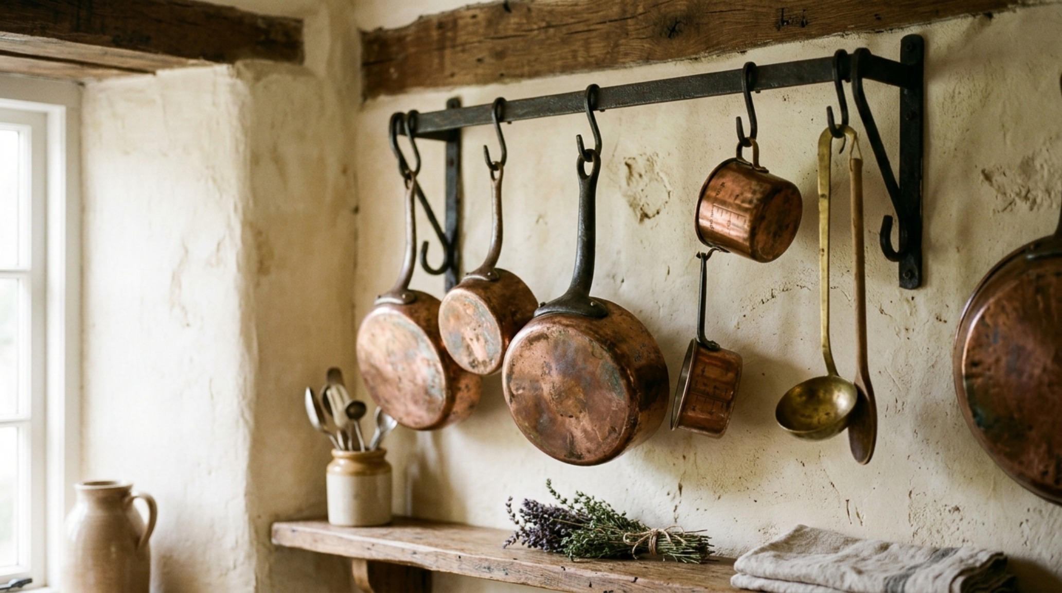 rustic country kitchen decor including hand-hewn wooden stools, antique copper pots, and a vintage limestone floor with natural patina rustic country kitchen decor including hand-hewn wooden stools, antique copper pots, and a vintage limestone floor with natural patina
