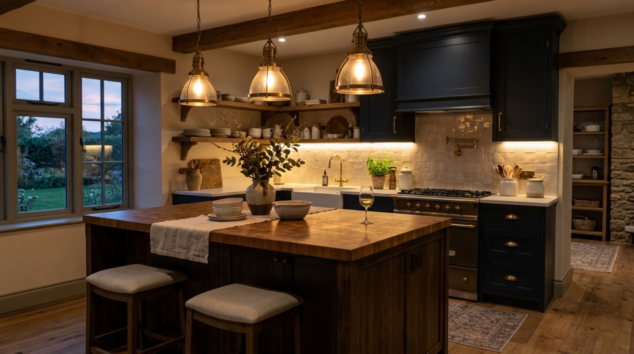 modern country kitchen ideas for integrated lighting using 2700K warm LED strips under floating timber shelves and hand-rubbed bronze pendants modern country kitchen ideas for integrated lighting using 2700K warm LED strips under floating timber shelves and hand-rubbed bronze pendants