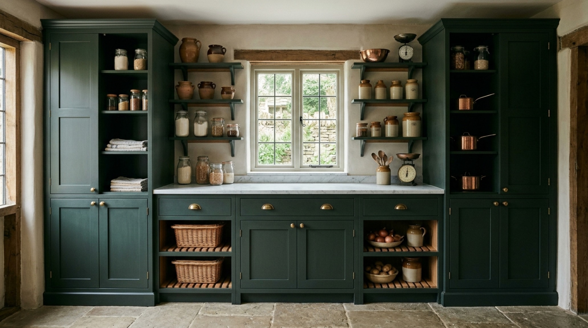 English country kitchen style pantry with floor-to-ceiling cabinetry, rolling ladder access, and organized artisanal storage jars English country kitchen style pantry with floor-to-ceiling cabinetry, rolling ladder access, and organized artisanal storage jars