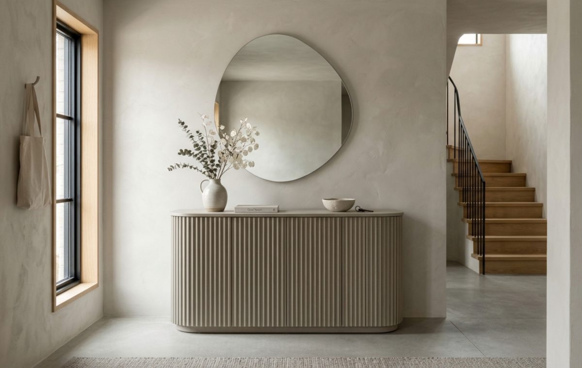 A minimalist entryway showcasing an oak console table drenched in Benjamin Moore Revere Pewter to match the limewash walls, featuring 2700K ambient lighting and clear 36-inch walkways.