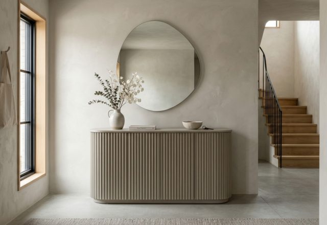 A minimalist entryway showcasing an oak console table drenched in Benjamin Moore Revere Pewter to match the limewash walls, featuring 2700K ambient lighting and clear 36-inch walkways.