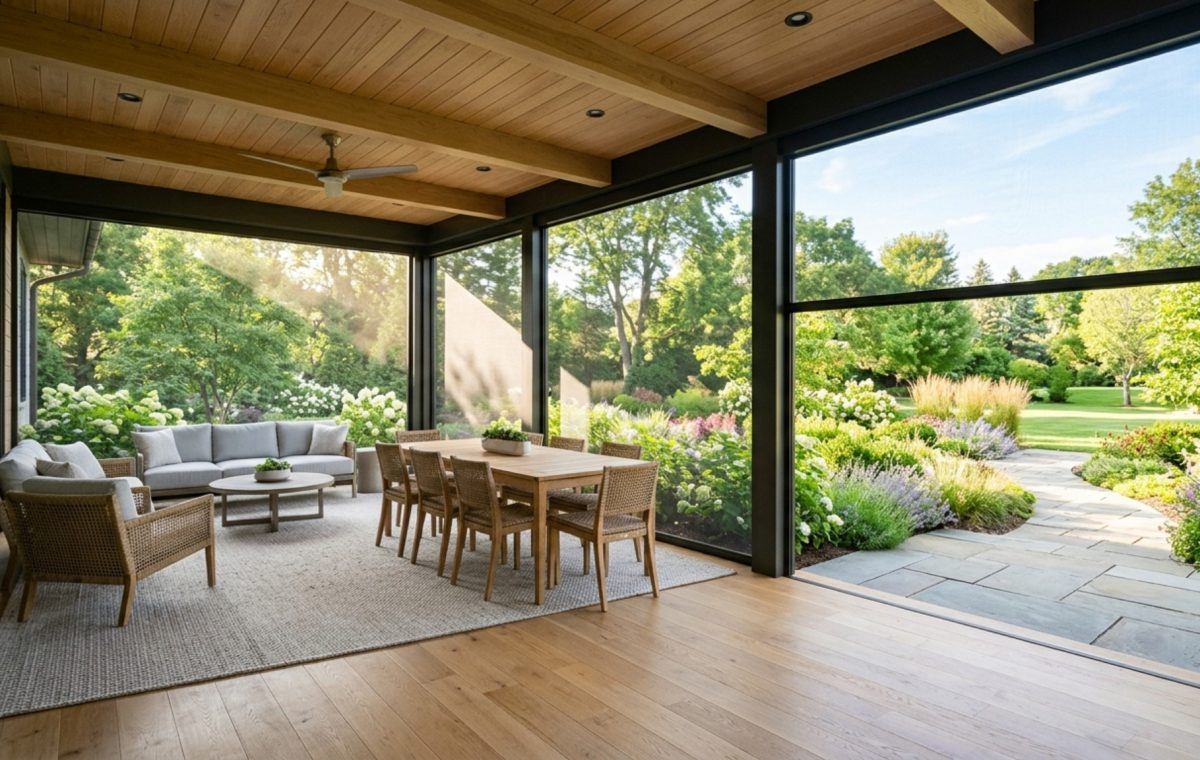 A wide-angle editorial shot of a modern screened-in porch with an invisible motorized screen system, white oak flooring, and a seamless transition to a lush green backyard, illustrating premium screened in porch decor ideas.