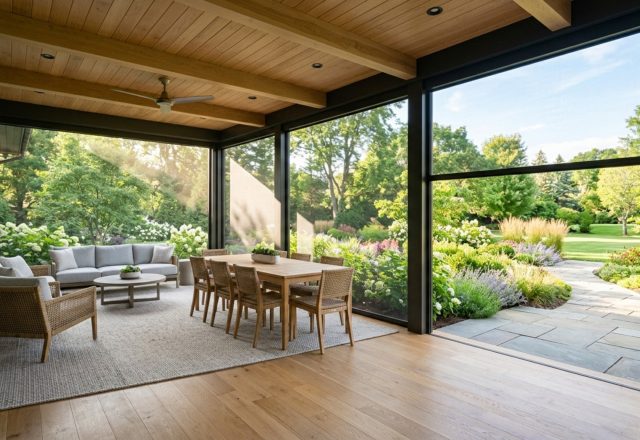 A wide-angle editorial shot of a modern screened-in porch with an invisible motorized screen system, white oak flooring, and a seamless transition to a lush green backyard, illustrating premium screened in porch decor ideas.