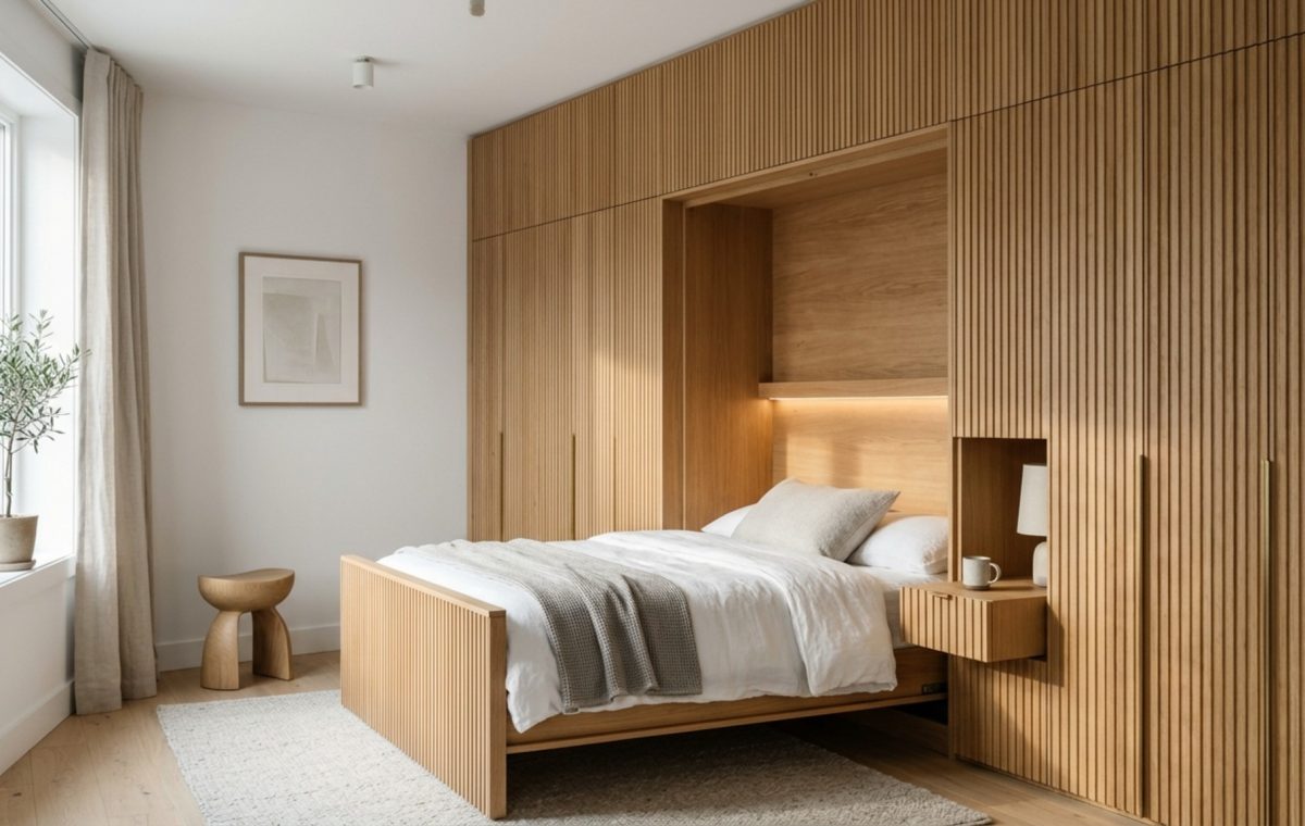 Custom cabinetry for hidden beds featuring fluted white oak panels and seamless floor-to-ceiling integration in a minimalist master suite.