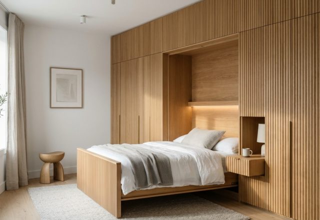Custom cabinetry for hidden beds featuring fluted white oak panels and seamless floor-to-ceiling integration in a minimalist master suite.