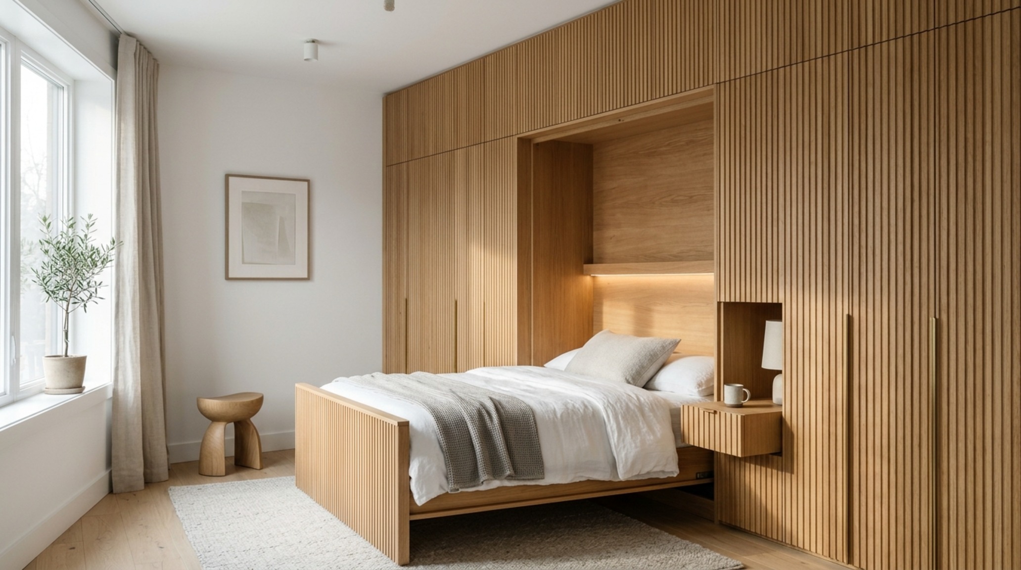 Custom cabinetry for hidden beds featuring fluted white oak panels and seamless floor-to-ceiling integration in a minimalist master suite. Custom cabinetry for hidden beds featuring fluted white oak panels and seamless floor-to-ceiling integration in a minimalist master suite.
