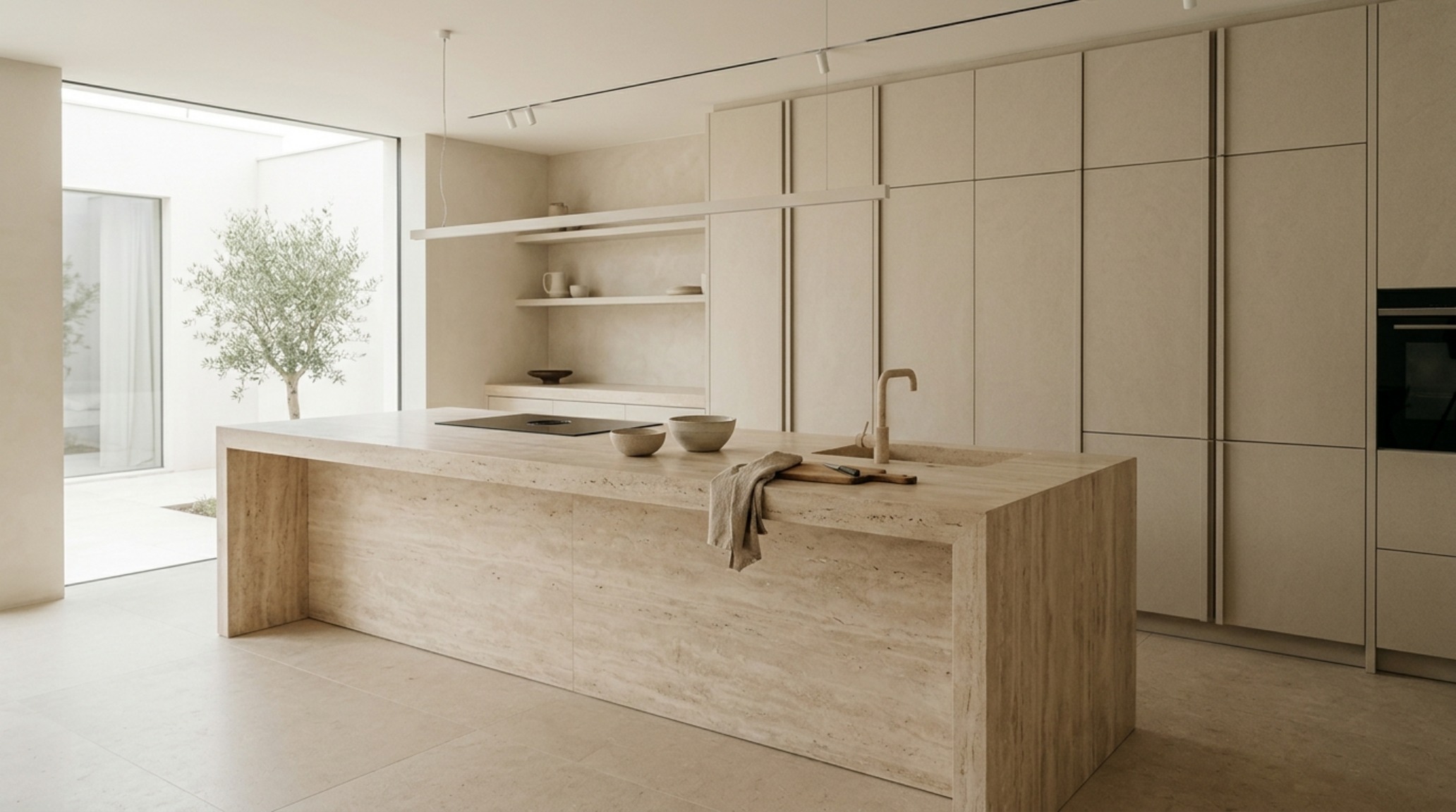 Modern minimalist kitchen island painted in an off-white stone shade to match the cabinetry and flooring, emphasizing spatial fluidity and sightline alignment.