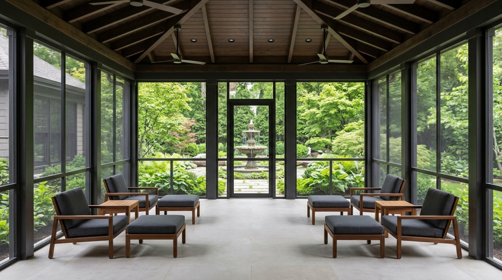 Perspective shot of a long porch gallery with consistent sightline alignment, leading the eye toward a distant garden focal point.