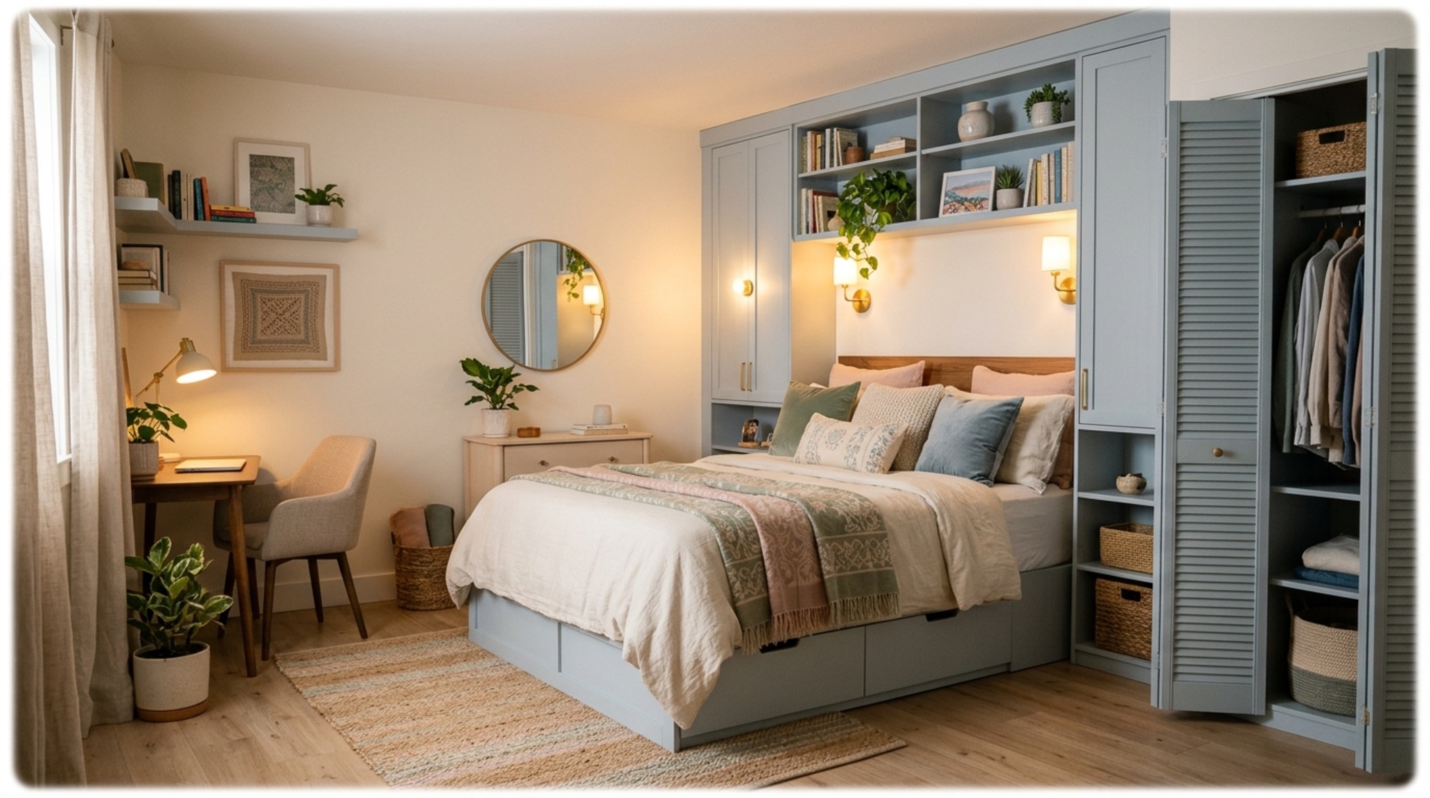 Small apartment guest room ideas featuring recessed niches for books and 2700K ambient LED strips within the wall bed unit. Small apartment guest room ideas featuring recessed niches for books and 2700K ambient LED strips within the wall bed unit.