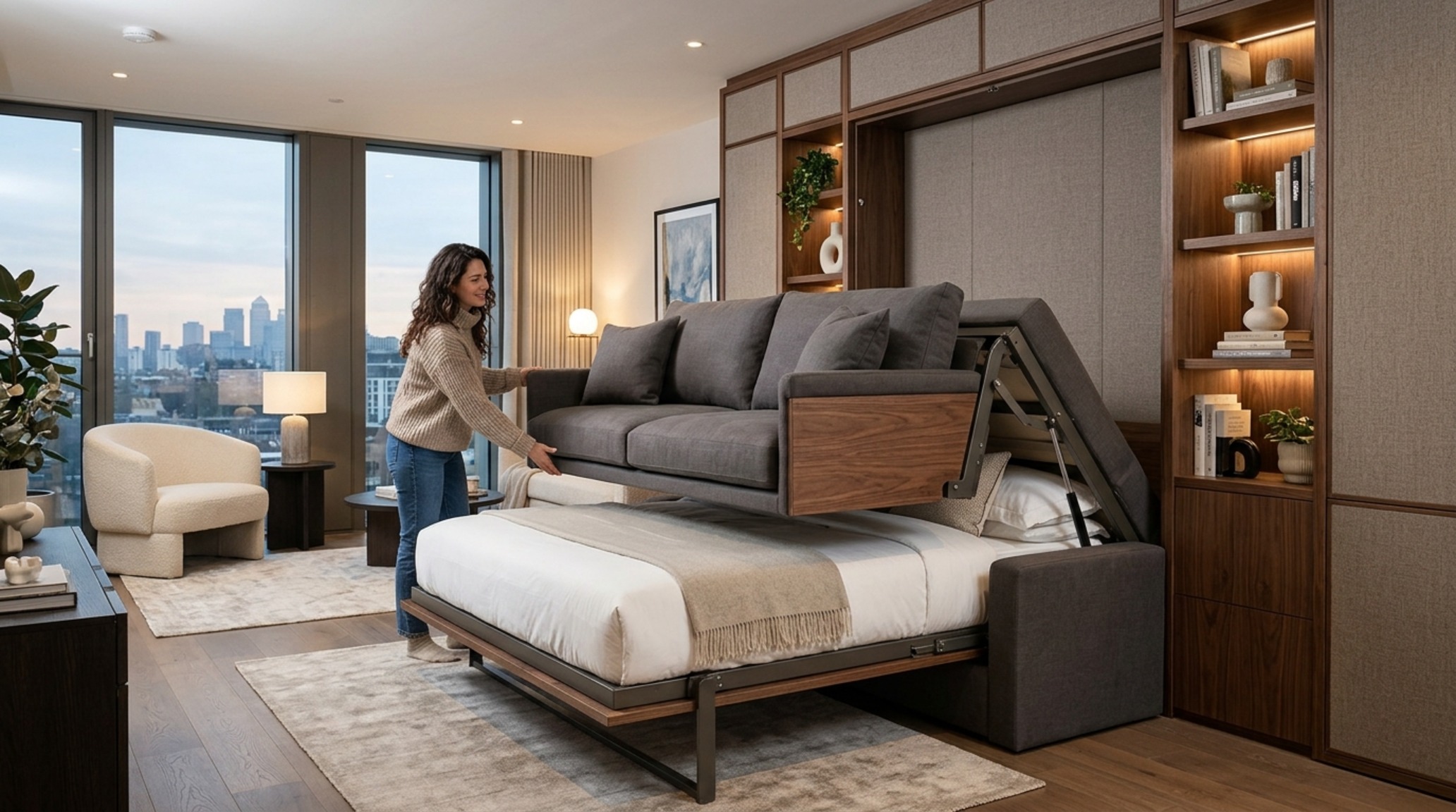 Hidden wall bed with sofa transition shot showing the bed frame hovering elegantly over the integrated lounge seating. Hidden wall bed with sofa transition shot showing the bed frame hovering elegantly over the integrated lounge seating.