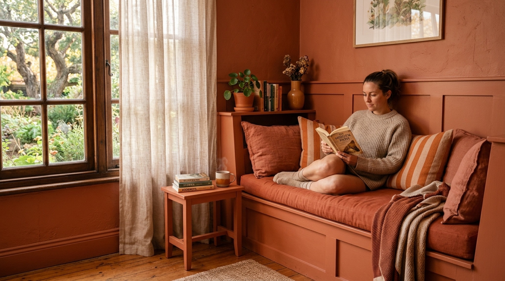 A sun-drenched reading nook where the armchair and side table match the surrounding limewash walls in a soft terracotta hue.