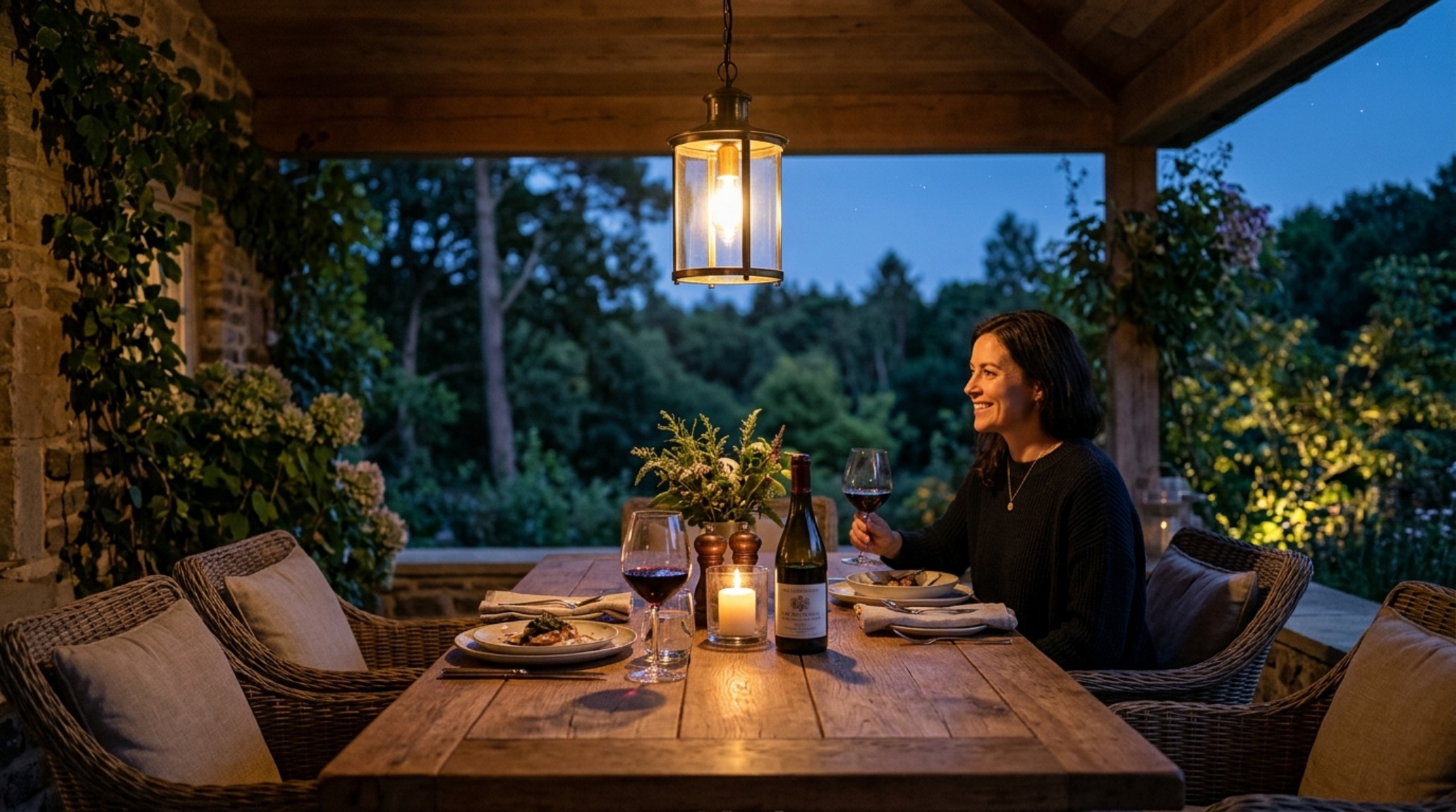 A porch dining set with 2700K pendant lighting, styled with neutral linens and high-CRI bulbs to enhance the aesthetic screened in porch interior at night.