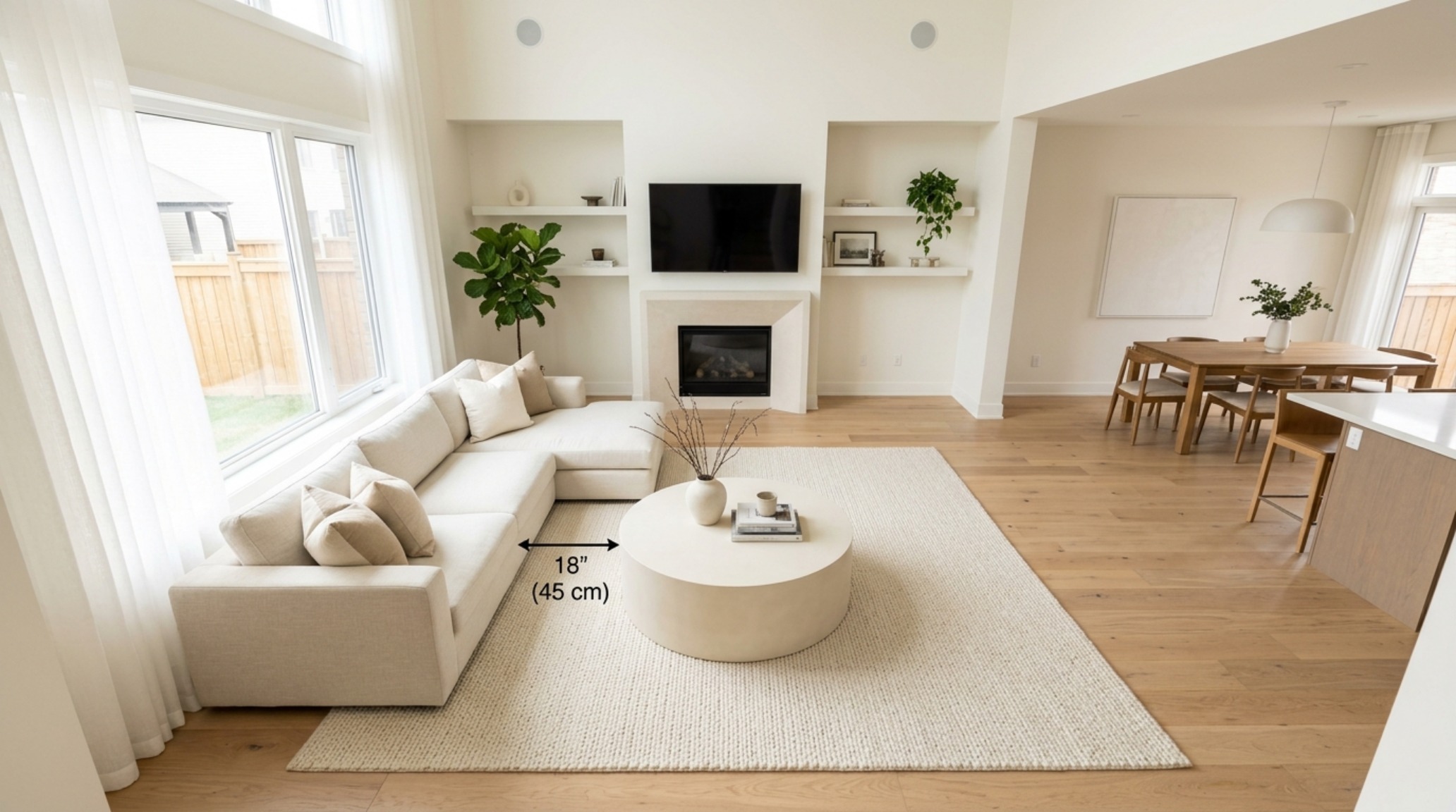 A modern living room layout emphasizing 18-inch coffee table reach and monochromatic styling to maximize visual negative space breathing room.