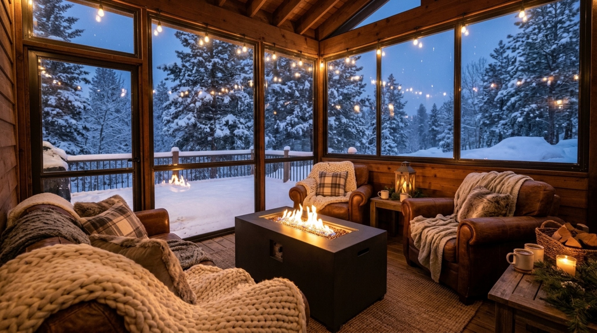 A winterized version of a screened-in porch with clear panels and a modern fire pit, illustrating versatile patio renovation ideas for all seasons.