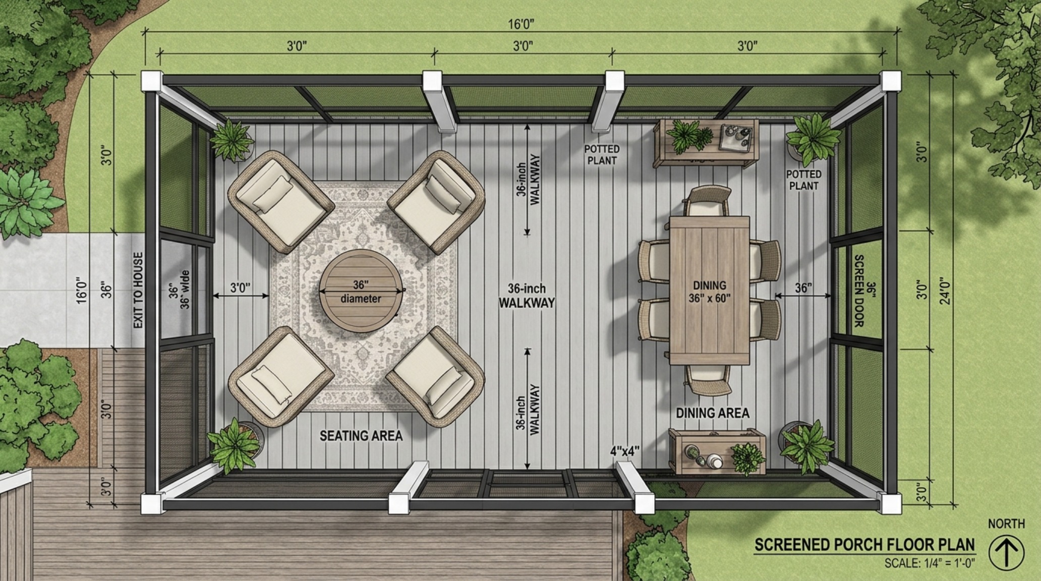 Overhead view of a perfectly balanced furniture layout on a porch, showing 36-inch walkway clearances and a harmonious use of negative space.