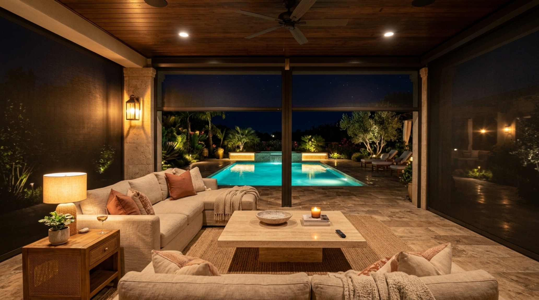 An elegant outdoor living room setup with a linen-textured sectional, a honed travertine coffee table, and motorized screens partially retracted to show the fluid spatial flow.