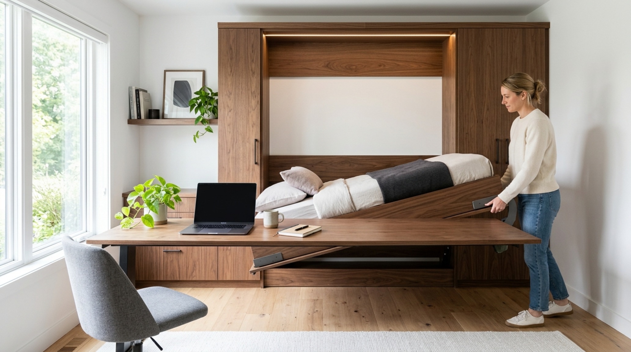 Modern murphy bed with desk hybrid in a home office setting, showcasing walnut finishes and integrated warm 3000K task lighting. Modern murphy bed with desk hybrid in a home office setting, showcasing walnut finishes and integrated warm 3000K task lighting.