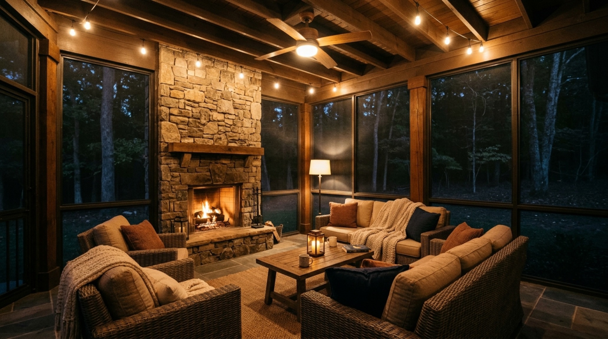 Evening shot of a three season porch design with warm 2700K architectural lighting, highlighting the texture of a stone fireplace and soft shadow play on the floor.