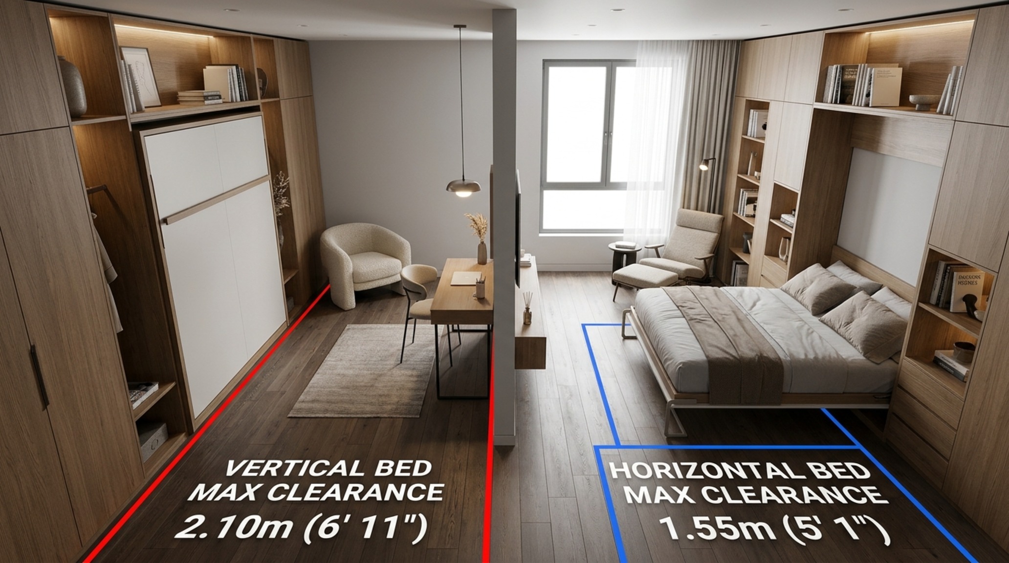 Vertical vs horizontal wall bed clearance comparison in a contemporary loft with 36-inch walkways and architectural shadow gaps. Vertical vs horizontal wall bed clearance comparison in a contemporary loft with 36-inch walkways and architectural shadow gaps.