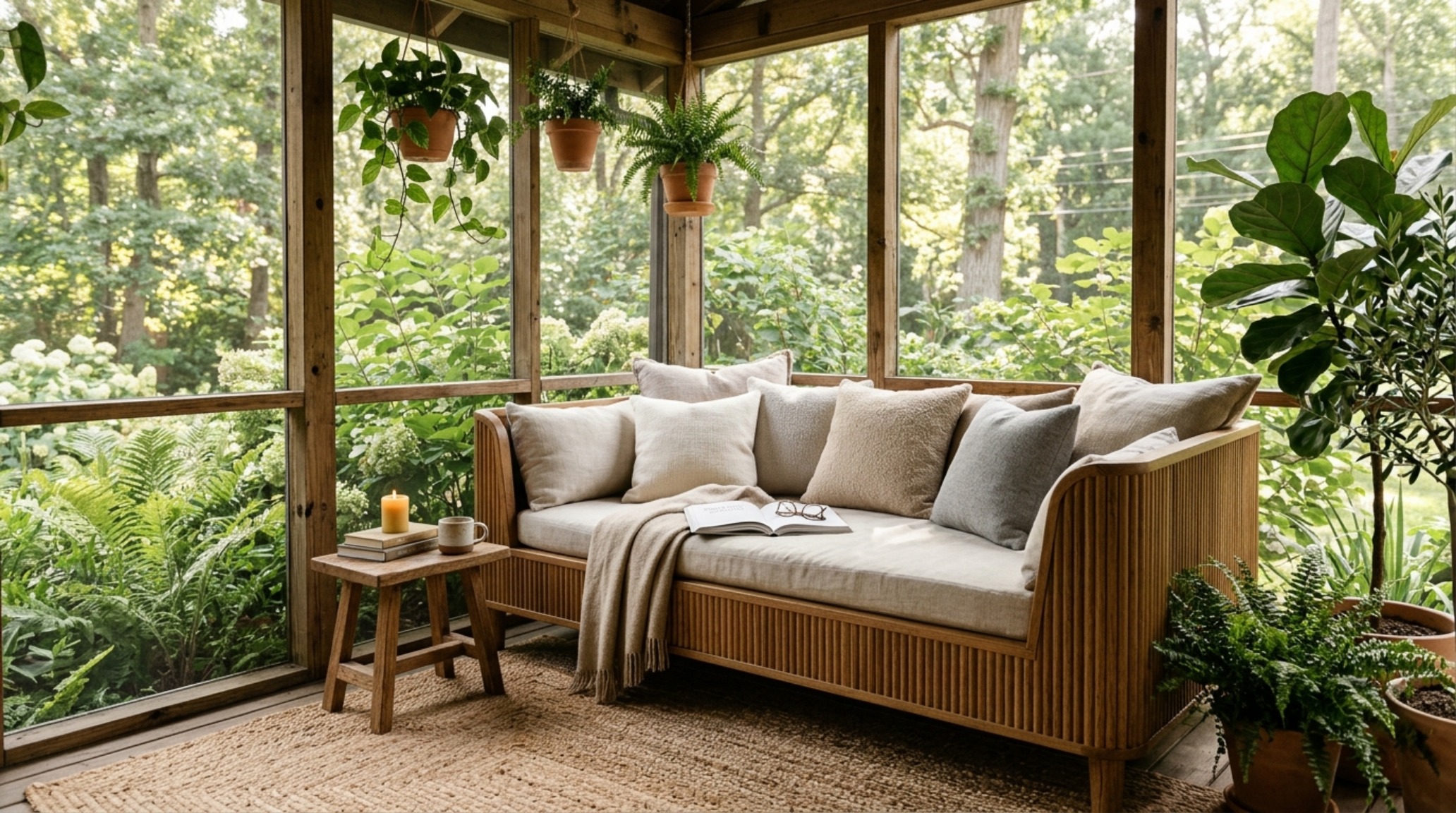 A cozy outdoor nook decor featuring a built-in daybed, fluted wood accents, and a large PET area rug, demonstrating intimate spatial zoning within a large porch.