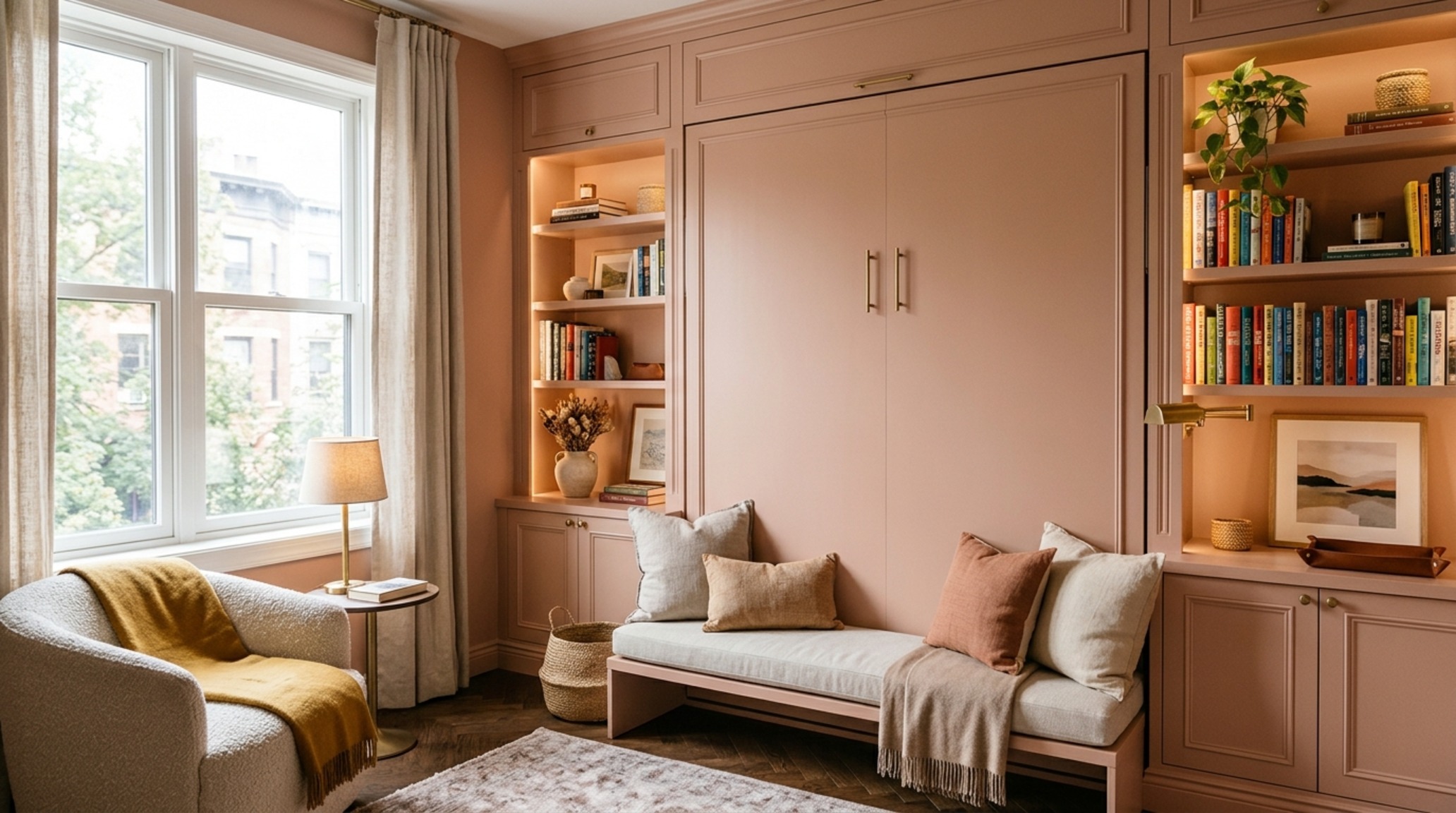 Small apartment guest room ideas with a hidden wall bed integrated into a soft pink Farrow & Ball Setting Plaster storage wall. Small apartment guest room ideas with a hidden wall bed integrated into a soft pink Farrow & Ball Setting Plaster storage wall.