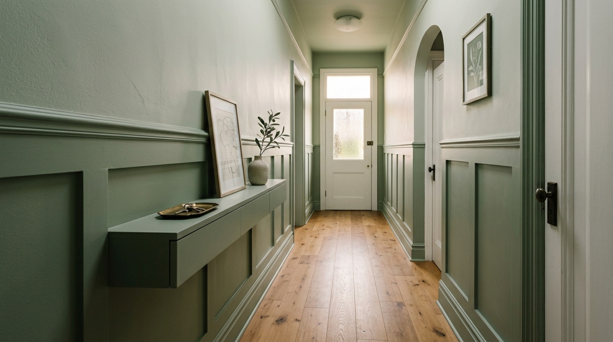 Perspective view of a long hallway where the baseboards and a slim accent console are painted in a uniform sage green, demonstrating the power of accent furniture decor.