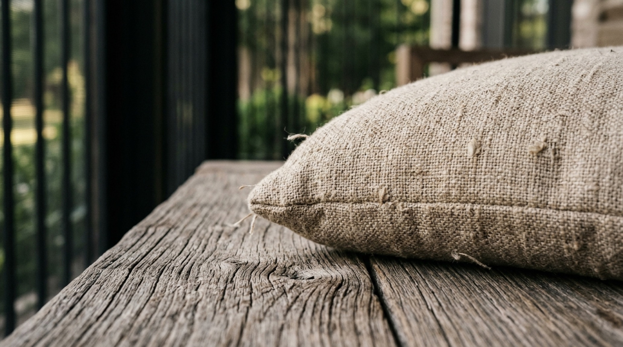 Detail shot of high-performance textiles and a ceramic side table on a screened-in porch, emphasizing the quiet luxury aesthetic and tactile grounding.