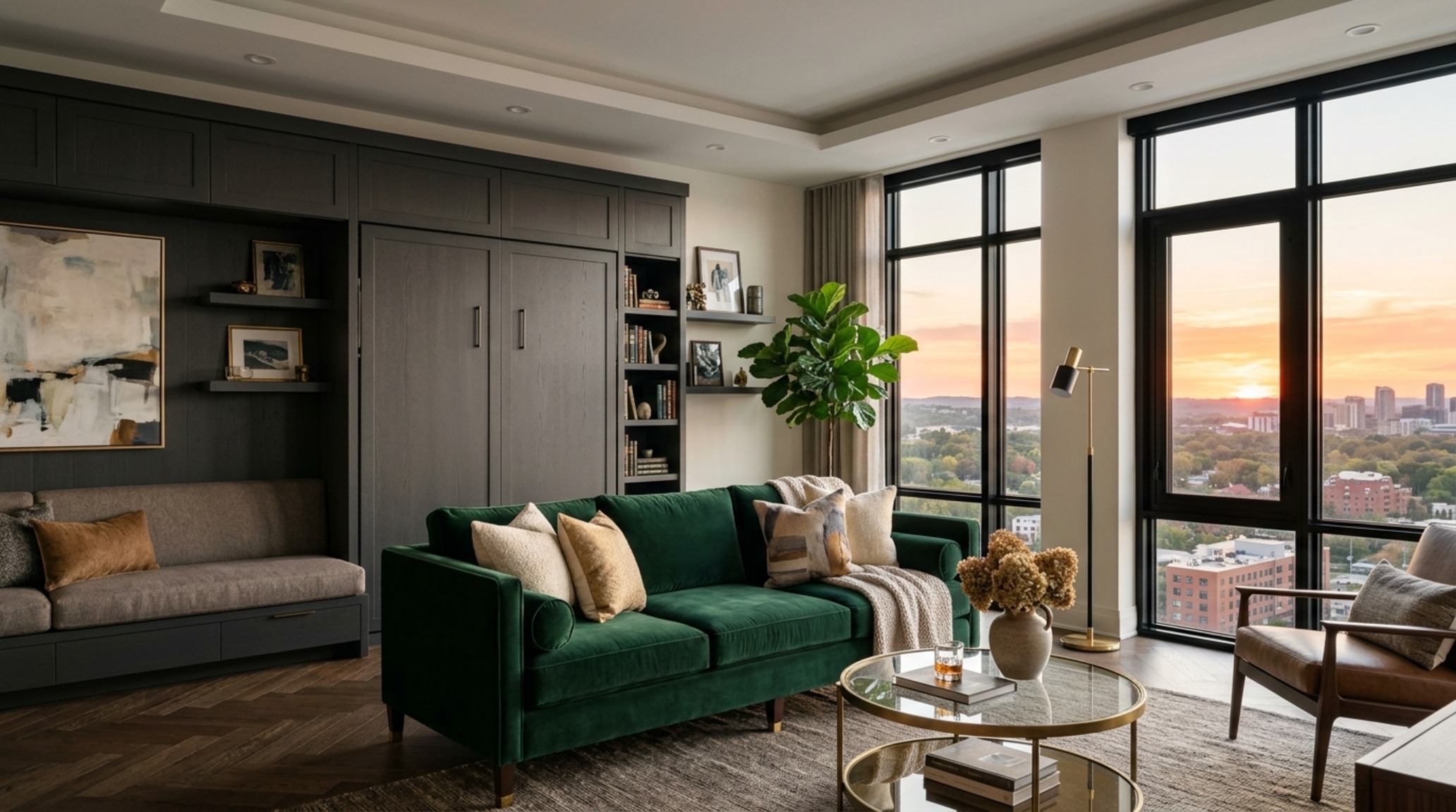 Hidden wall bed with sofa in a luxury pied-à-terre lounge, featuring velvet upholstery and concealed structural supports. Hidden wall bed with sofa in a luxury pied-à-terre lounge, featuring velvet upholstery and concealed structural supports.