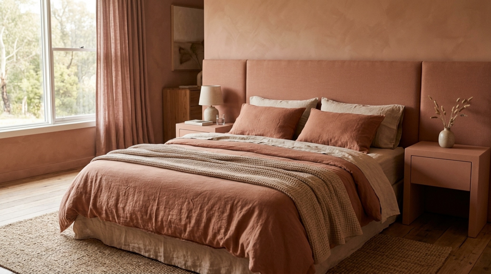 A monochromatic bedroom featuring a nightstand and headboard color-matched to the plaster walls, highlighting the use of best paint for wood furniture refinishing.