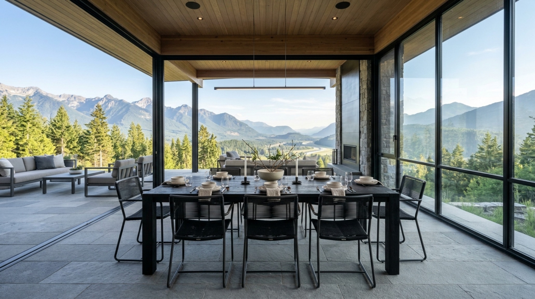 View from a dining area of a porch with 30-inch chair clearances and floor-to-ceiling screens, showcasing modern screened in porch ideas for entertaining.