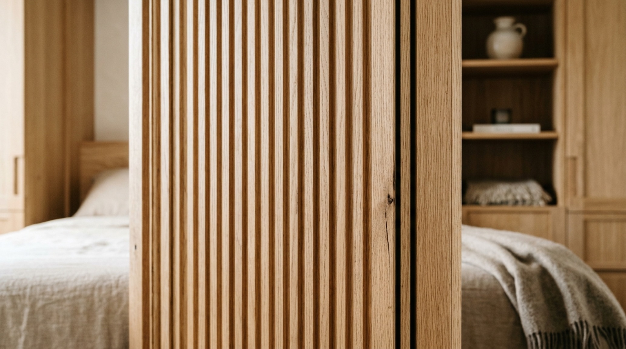 Custom cabinetry for hidden beds detail shot of a touch-latch handleless door and 3mm reveal in matte Swiss Coffee finish. Custom cabinetry for hidden beds detail shot of a touch-latch handleless door and 3mm reveal in matte Swiss Coffee finish.
