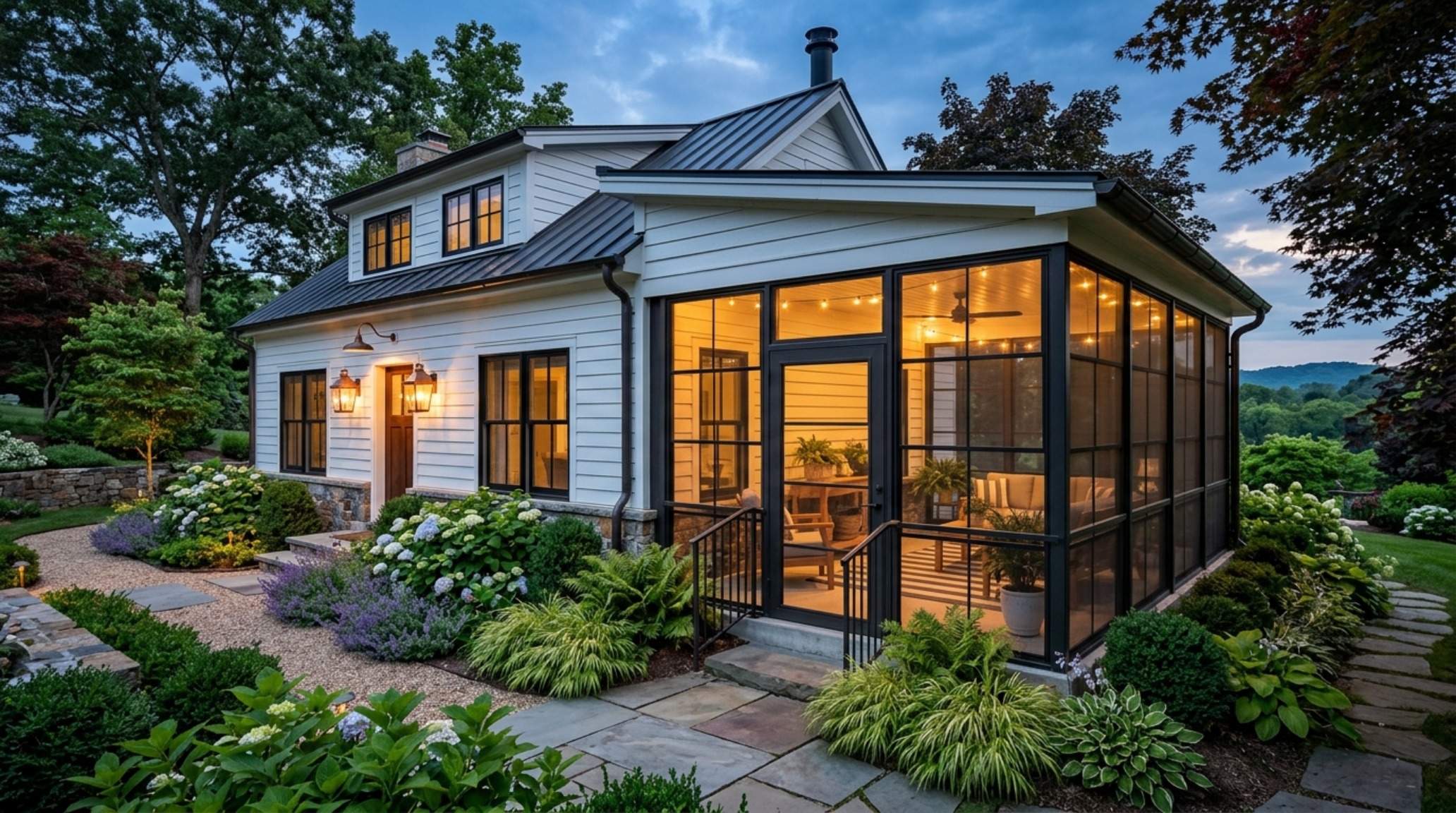 Architectural view of a black-framed porch enclosure design against a white modern farmhouse exterior, highlighting clean lines and geometric integrity.