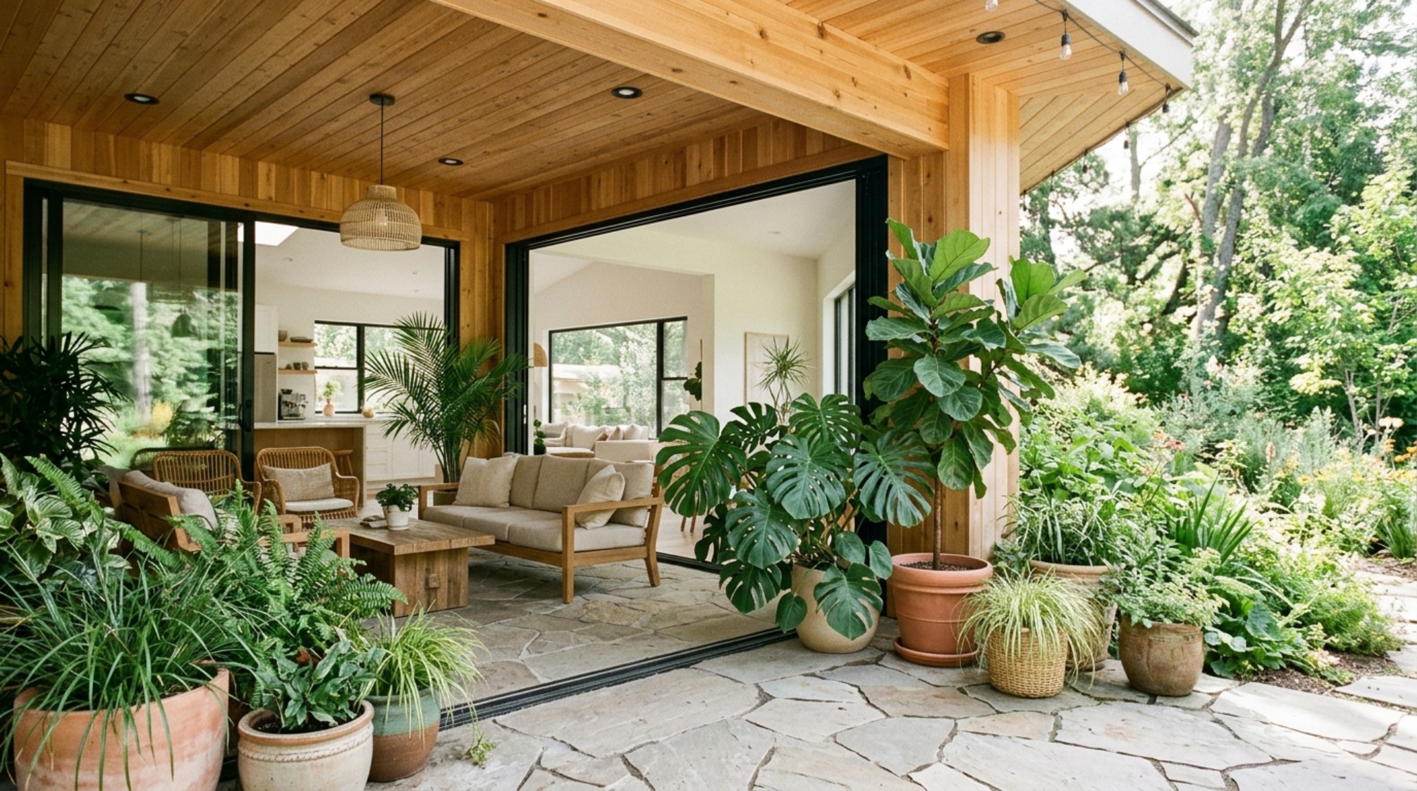 A biophilic outdoor living room filled with potted olive trees and natural wood furniture, blurring the boundary between the interior floor plan and the landscape.