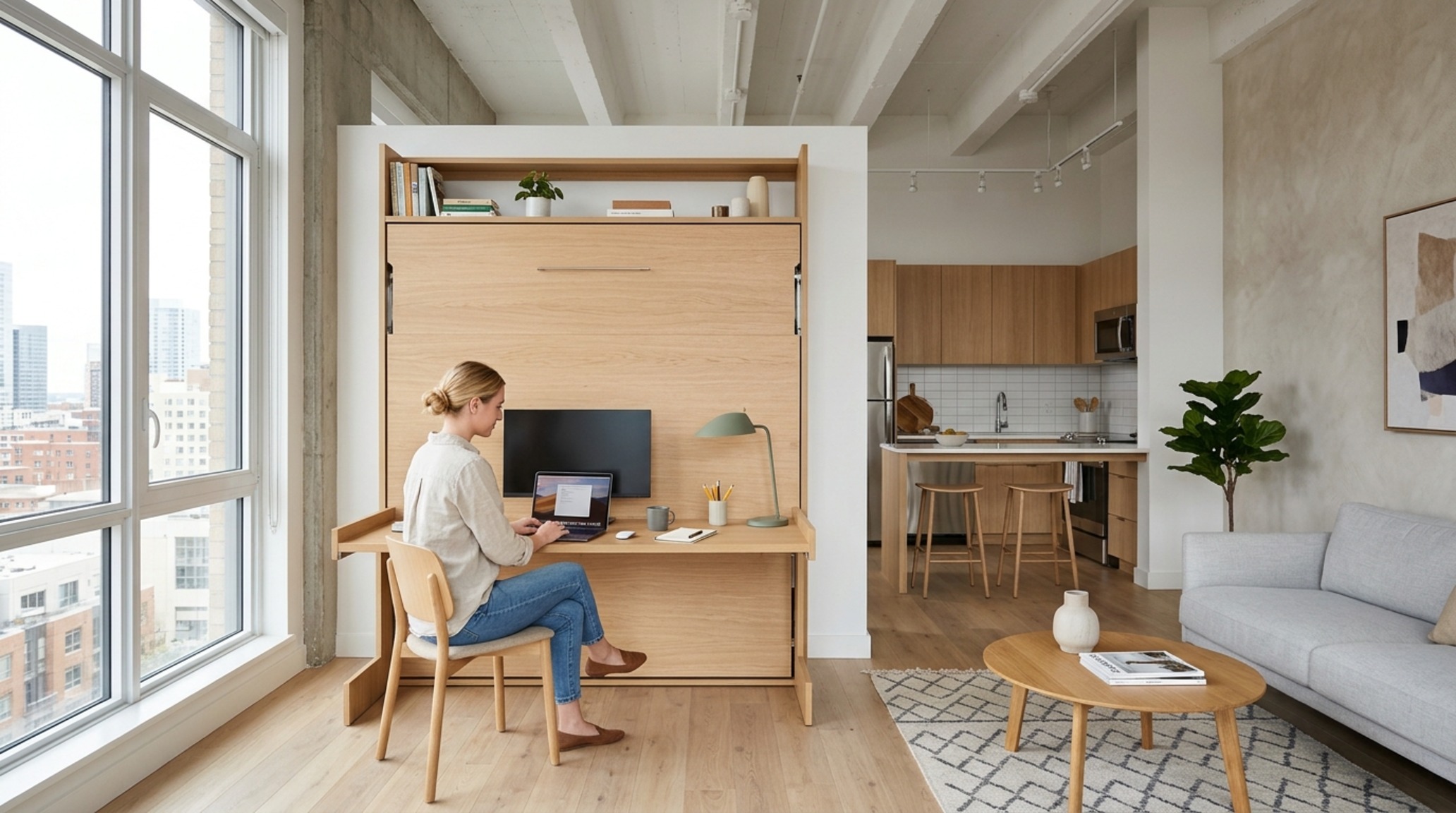 Modern murphy bed with desk showing the gravity-pivot system that keeps office supplies level during the transition. Modern murphy bed with desk showing the gravity-pivot system that keeps office supplies level during the transition.