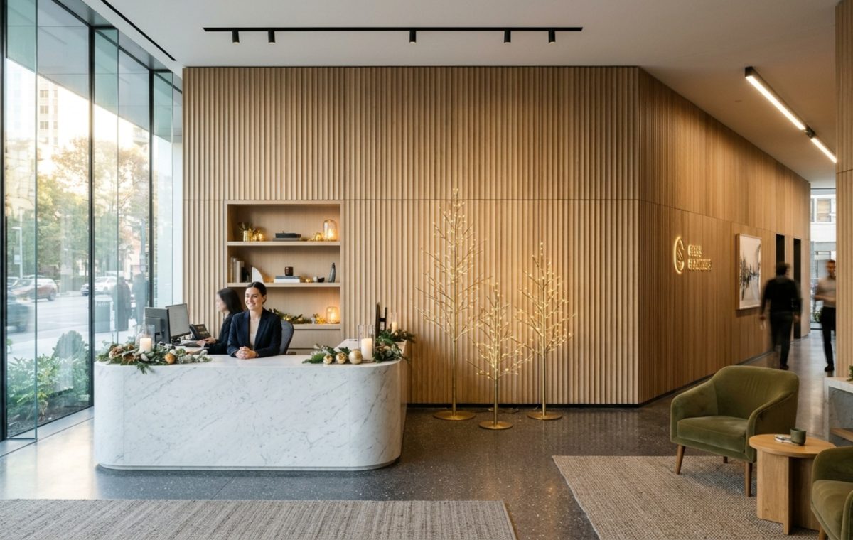 modern reception holiday decor featuring a cluster of minimalist brass trees against a fluted white oak wall with 36-inch clear walkways