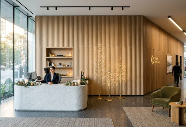 modern reception holiday decor featuring a cluster of minimalist brass trees against a fluted white oak wall with 36-inch clear walkways