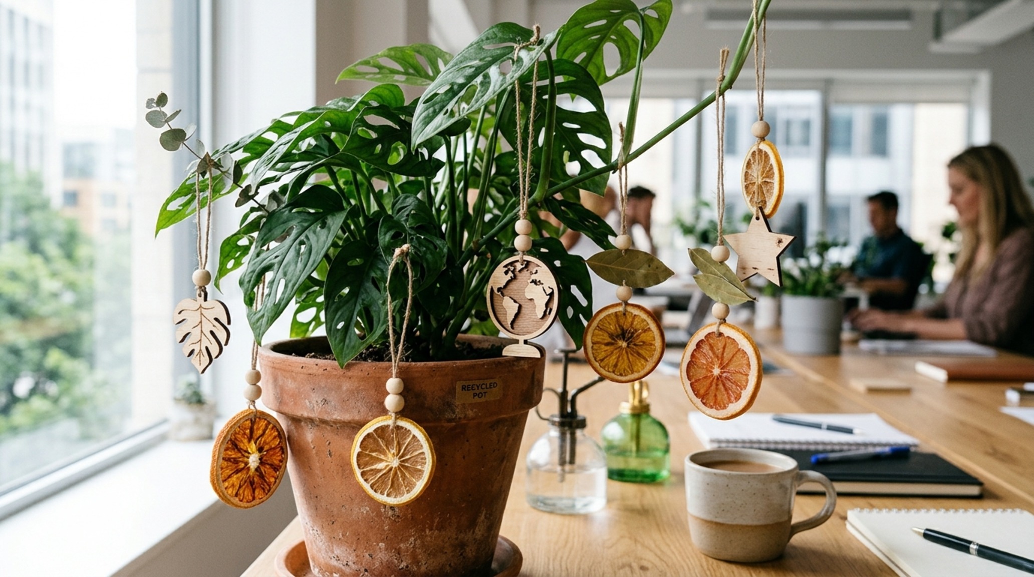 eco-friendly office christmas decorations including FSC-certified wood ornaments and a wreath made of dried eucalyptus and repurposed textile scraps
