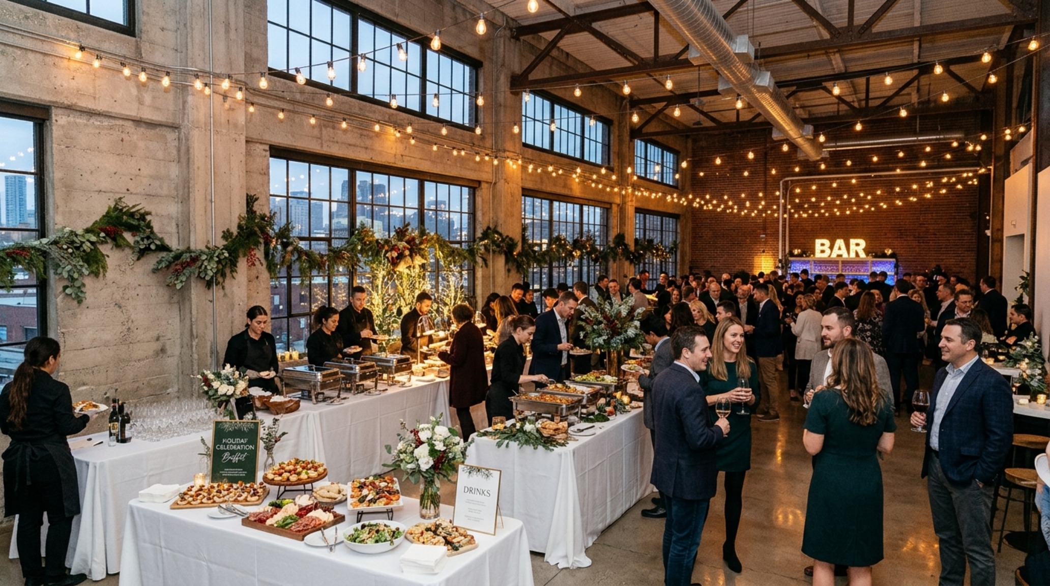 corporate holiday party styling in a converted industrial office space with tall ceilings, warm festoon lighting, and minimalist spruce clusters
